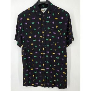 Tipsy Elves Men's Large Black Mardi Gras Button Down Shirt -Masquerade Stretch